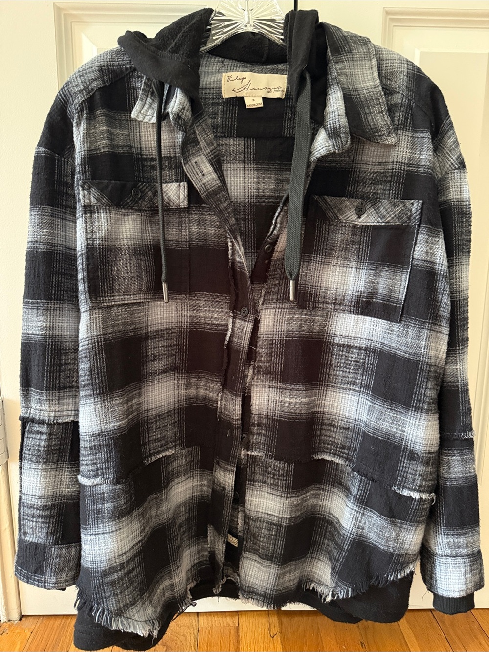 Vintage Havana Black & White & Gray Plaid Hooded Flannel Shirt Jacket